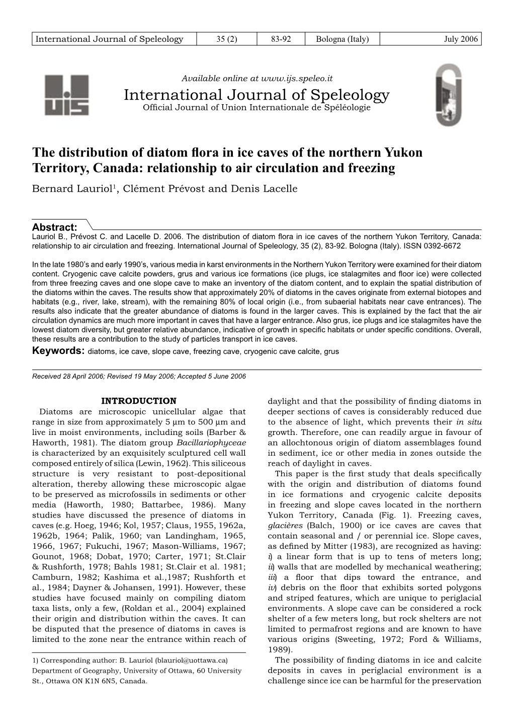 The Distribution of Diatom Flora in Ice Caves