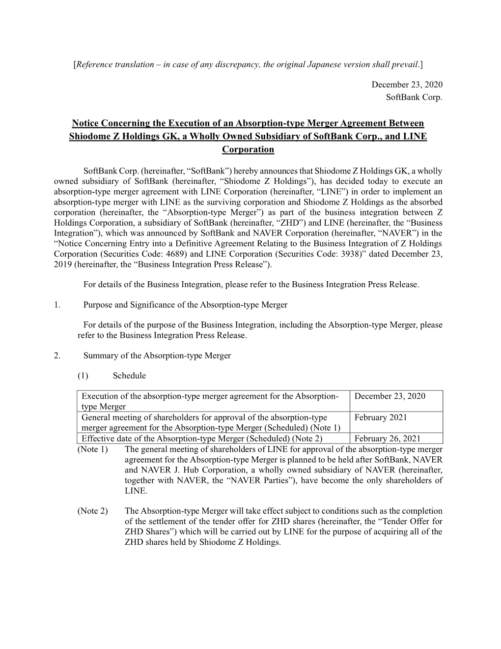 Notice Concerning the Execution of an Absorption-Type Merger