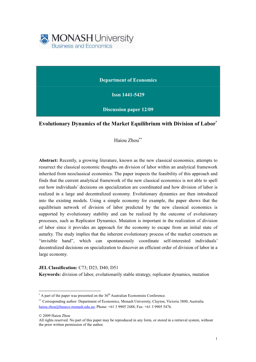 Evolutionary Dynamics of the Market Equilibrium with Division of Labor∗