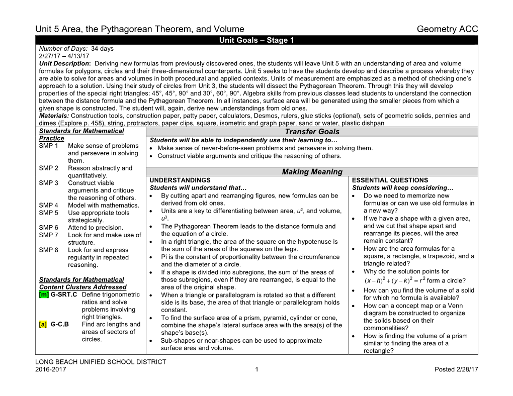 Unit 5 Area, the Pythagorean Theorem, and Volume Geometry