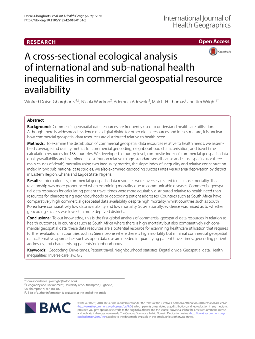 A Cross-Sectional Ecological Analysis of International and Sub-National Health Inequalities in Commercial Geospatial Resource Av