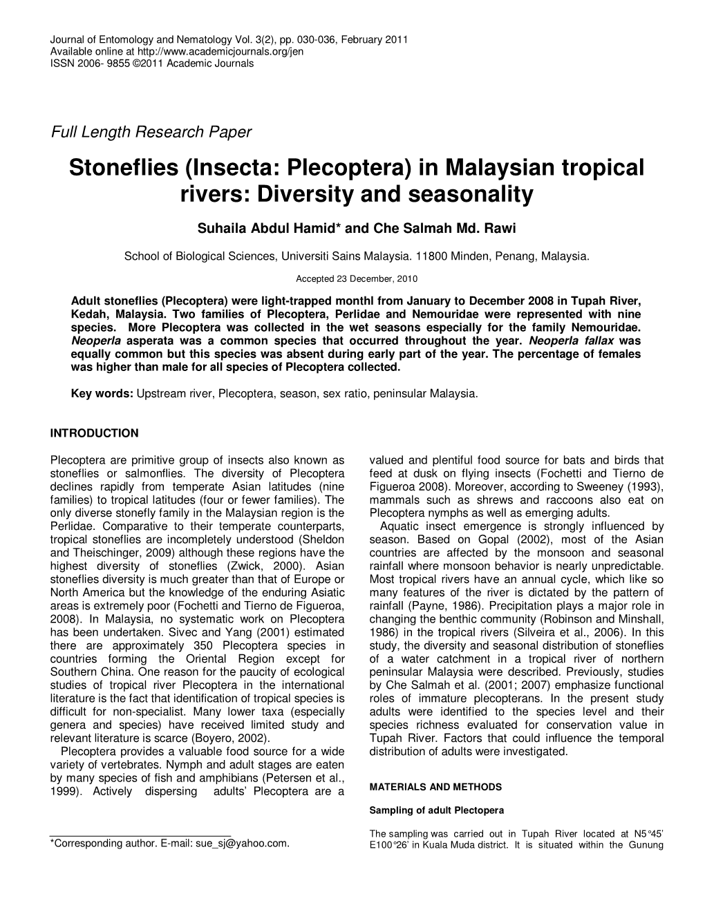 Stoneflies (Insecta: Plecoptera) in Malaysian Tropical Rivers: Diversity and Seasonality