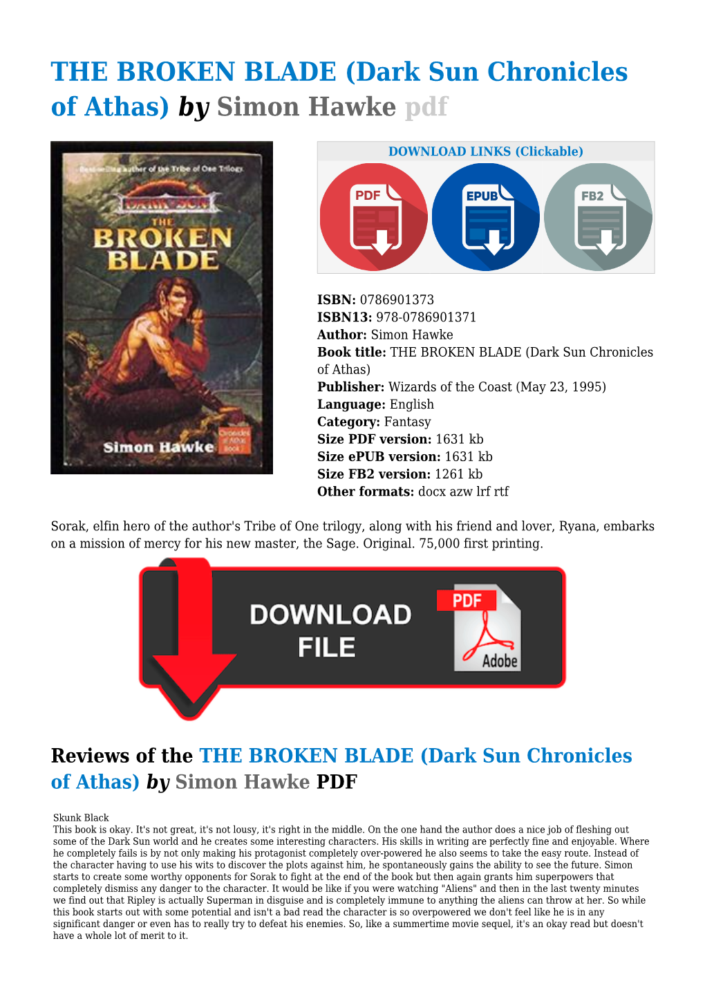 THE BROKEN BLADE (Dark Sun Chronicles of Athas) by Simon Hawke Pdf