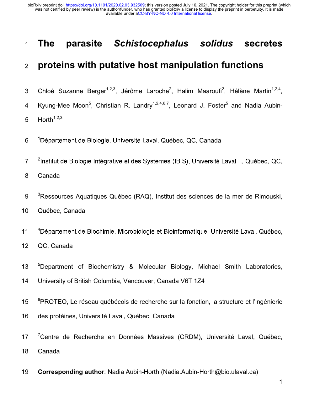 The Parasite Schistocephalus Solidus Secretes Proteins With