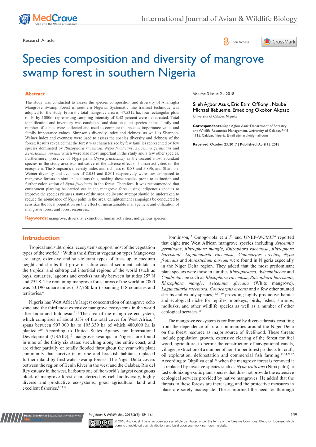 Species Composition and Diversity of Mangrove Swamp Forest in Southern Nigeria