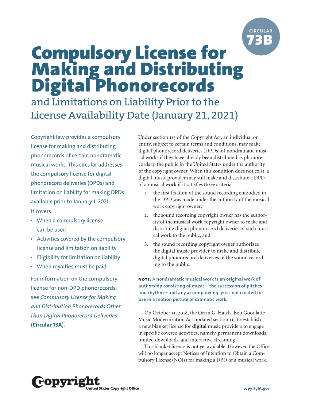 Circular 73B Compulsory License for Making and Distributing Digital Phonorecords