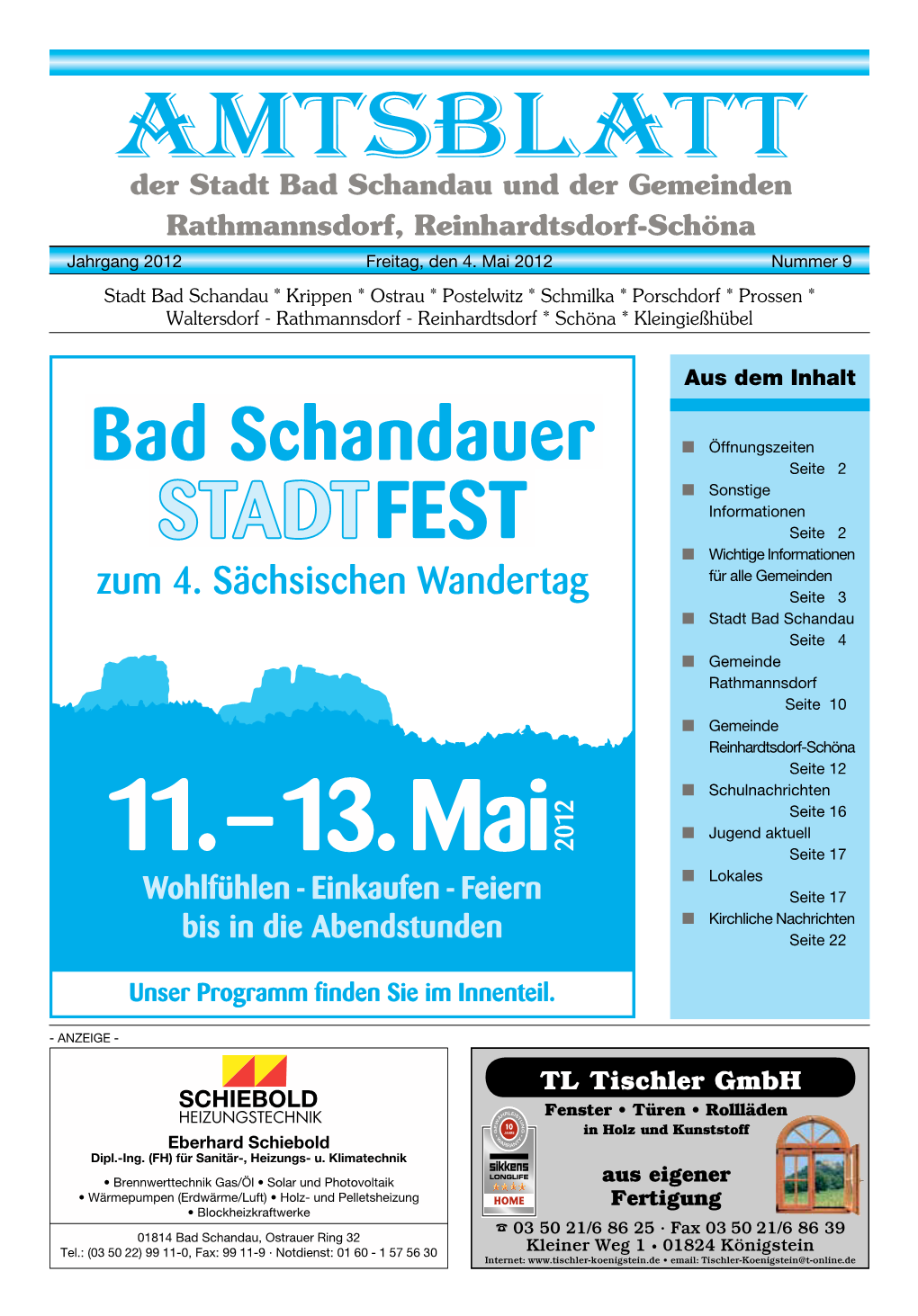 Der Stadt Bad Schandau Und Der Gemeinden Rathmannsdorf, Reinhardtsdorf-Schöna Jahrgang 2012 Freitag, Den 4