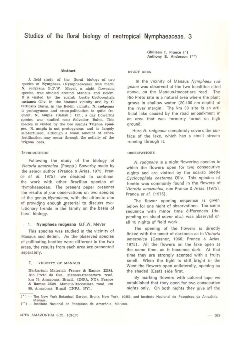 Studies of the Floral Biology of Neotropical Nymphaeaceae. 3