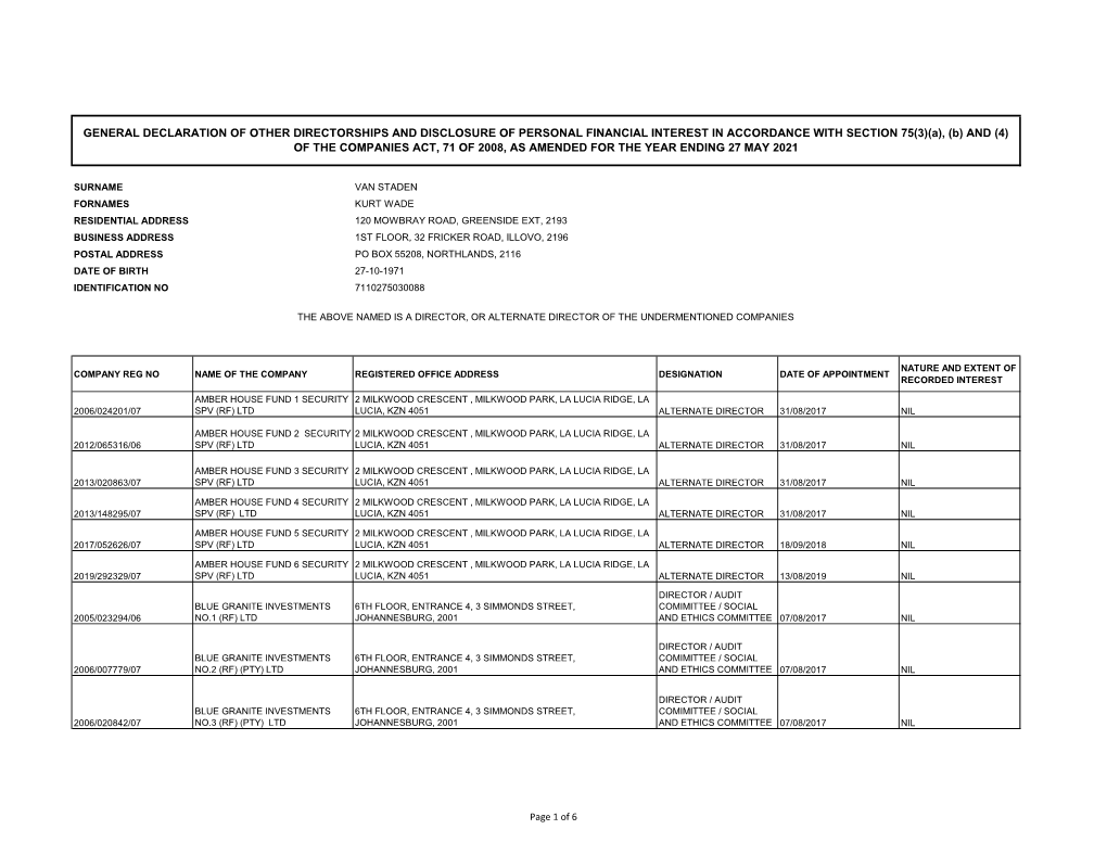 General Declaration of Other Directorships And