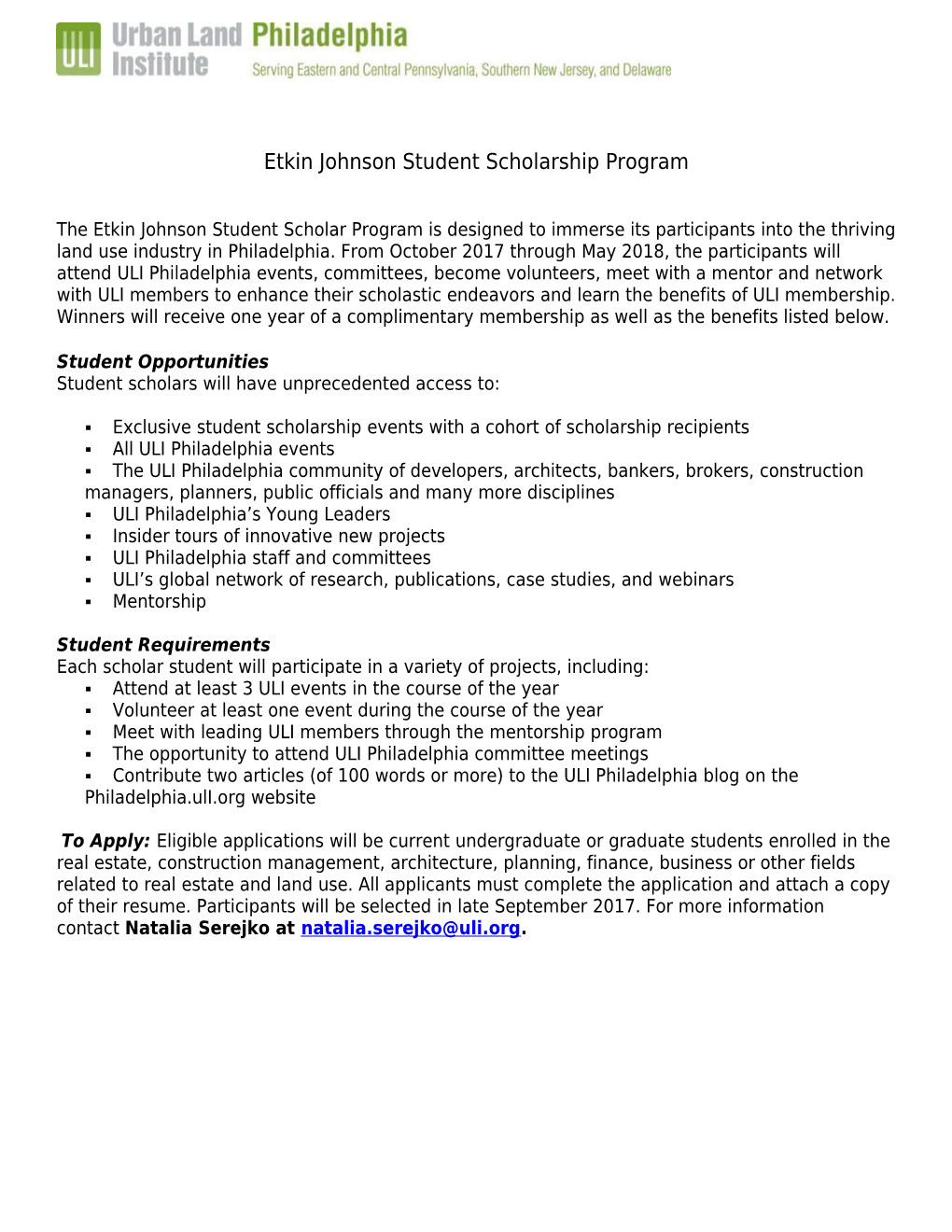 Etkin Johnson Student Scholarship Program