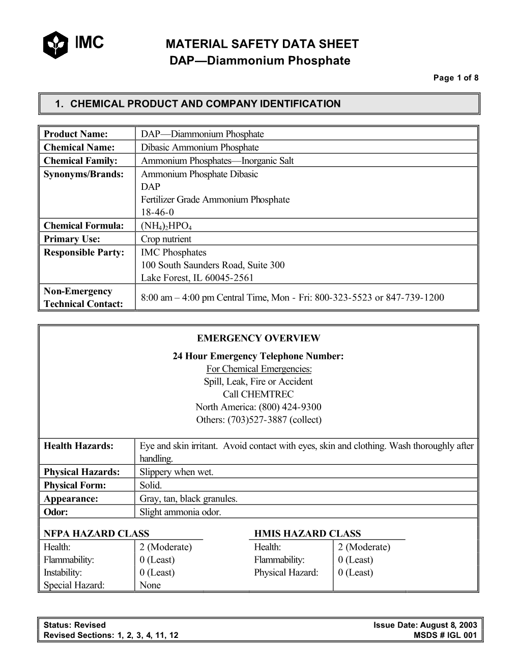 MATERIAL SAFETY DATA SHEET DAP—Diammonium Phosphate Page 1 of 8