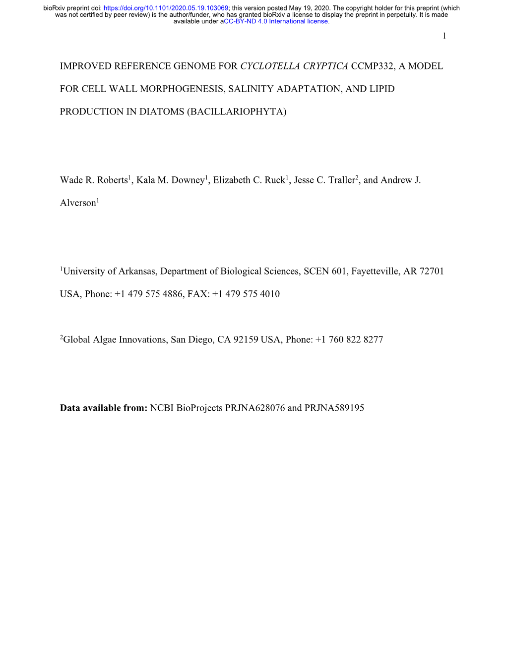 Improved Reference Genome for Cyclotella Cryptica Ccmp332, a Model