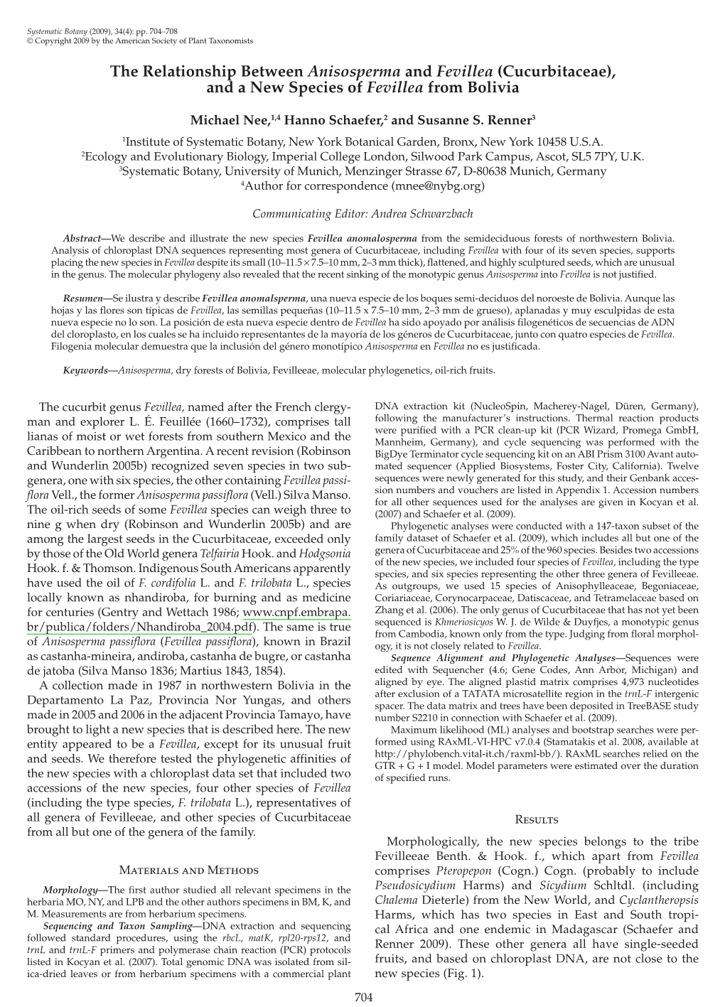 The Relationship Between Anisosperma and Fevillea (Cucurbitaceae), and a New Species of Fevillea from Bolivia