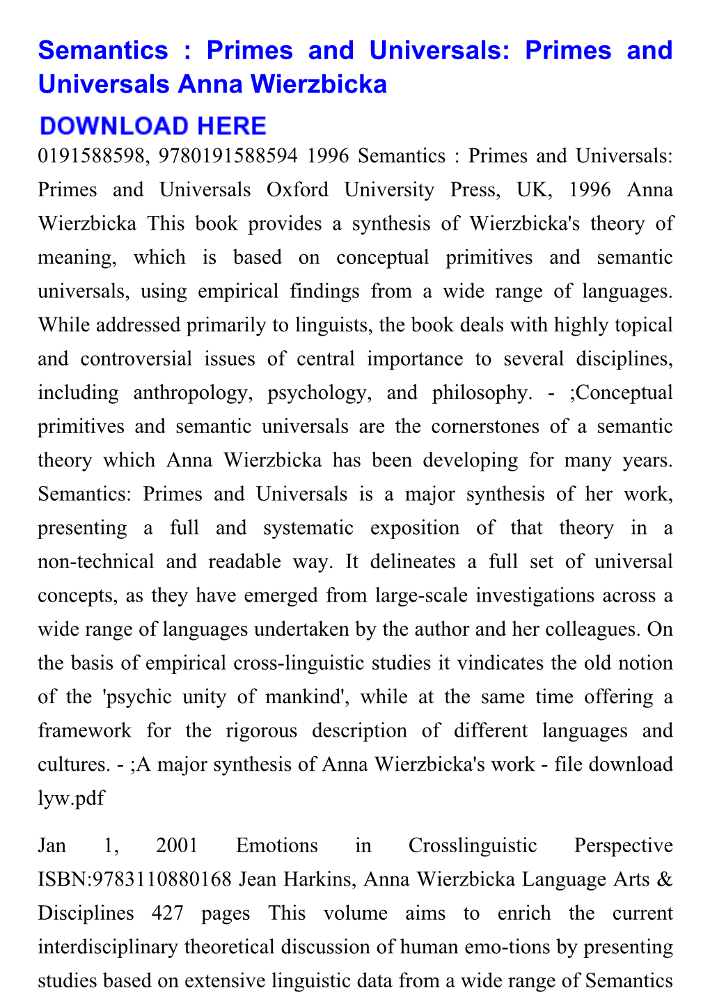 Semantics : Primes and Universals: Primes and Universals Anna Wierzbicka