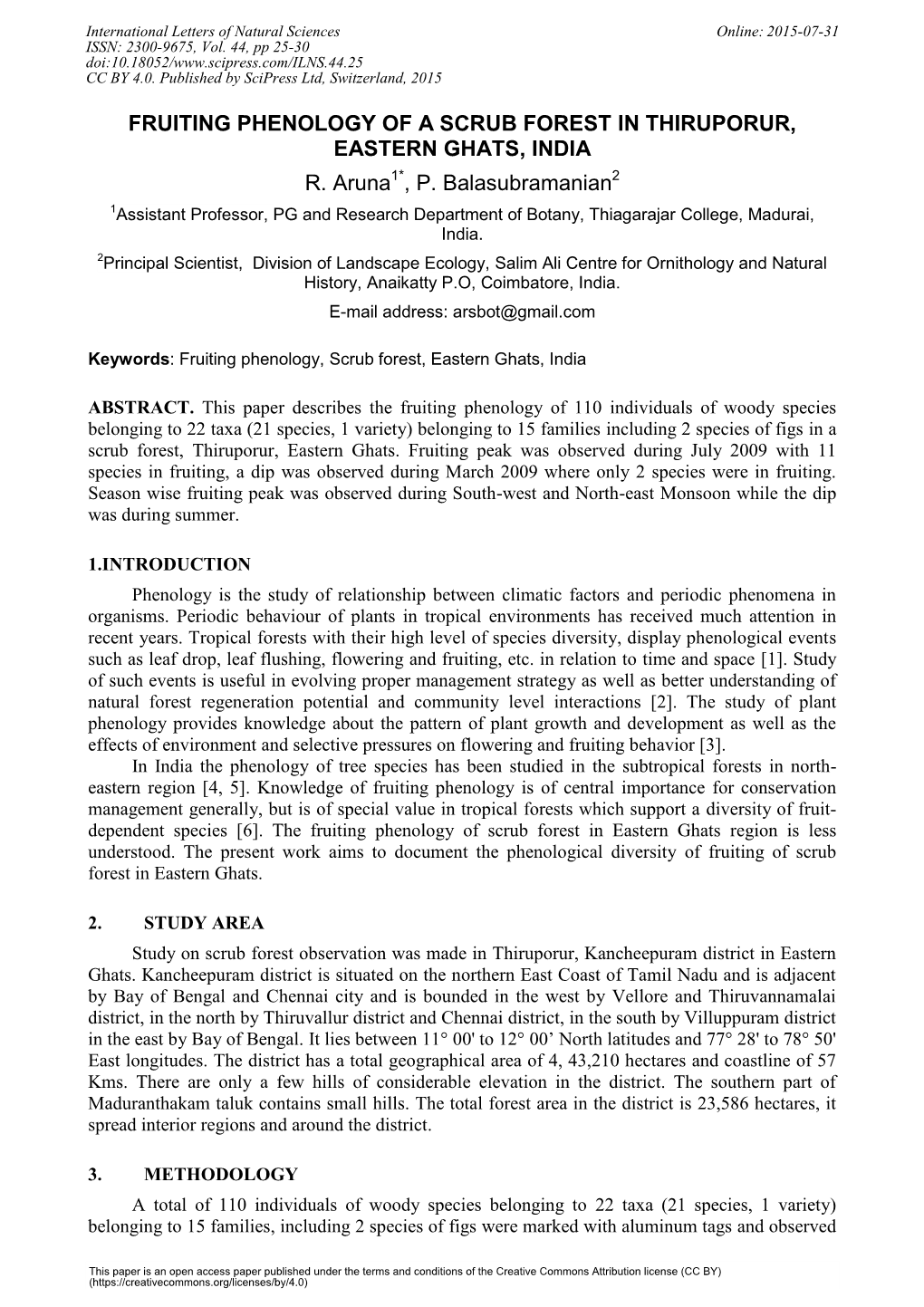 Fruiting Phenology of a Scrub Forest in Thiruporur, Eastern Ghats, India R