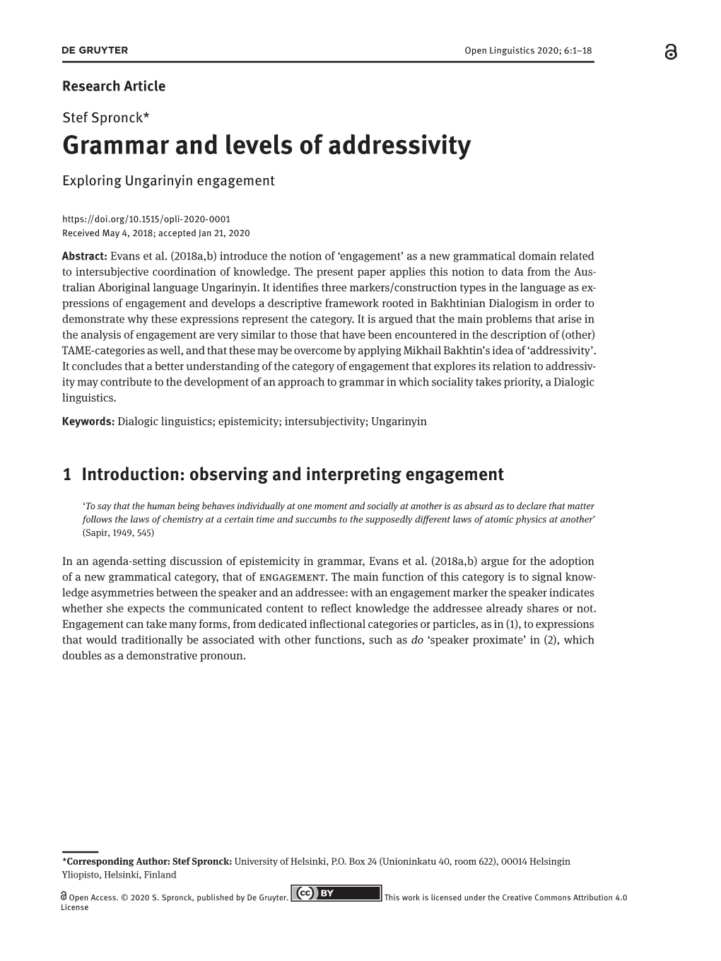 Grammar and Levels of Addressivity Exploring Ungarinyin Engagement Received May 4, 2018; Accepted Jan 21, 2020