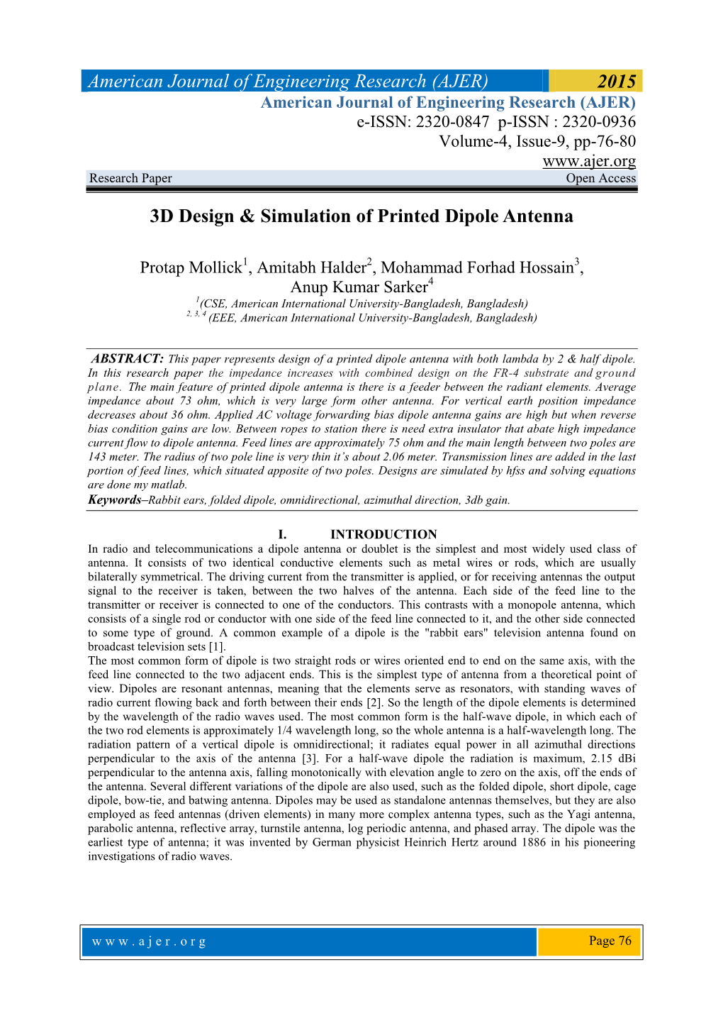 American Journal of Engineering Research (AJER) 2015 3D Design & Simulation of Printed Dipole Antenna