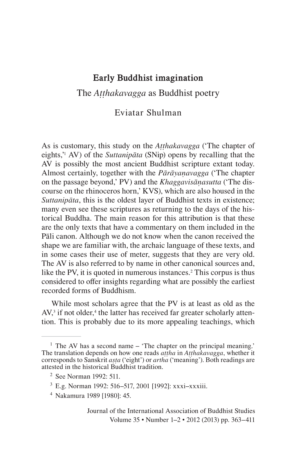 Early Buddhist Imagination the Aṭṭhakavagga As Buddhist Poetry