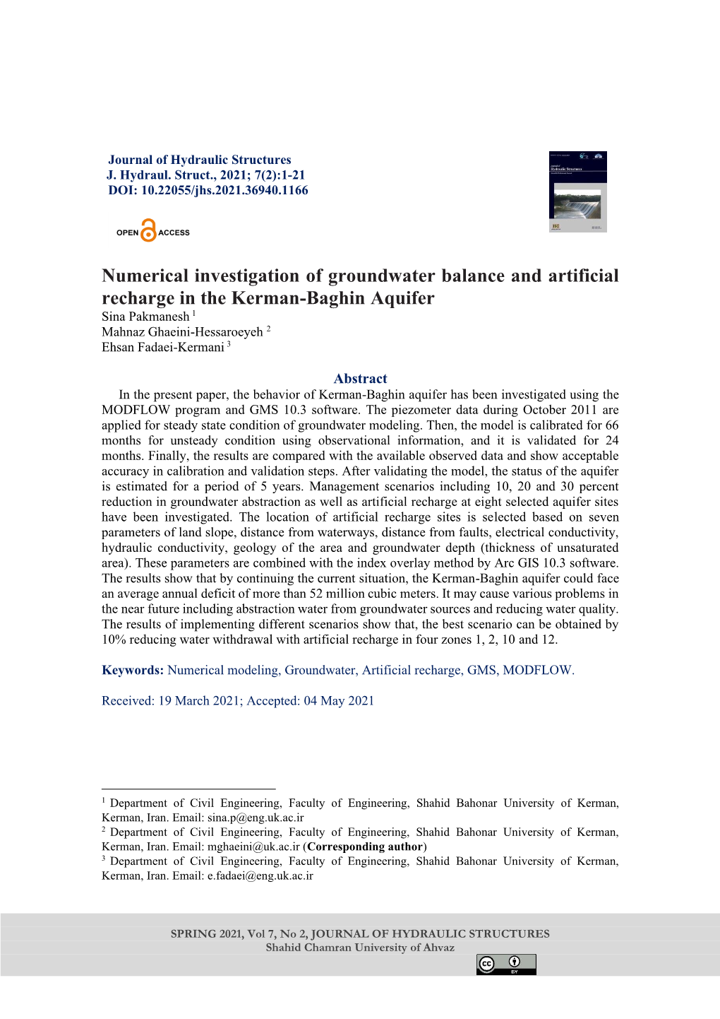 Numerical Investigation of Groundwater Balance and Artificial Recharge in the Kerman-Baghin Aquifer