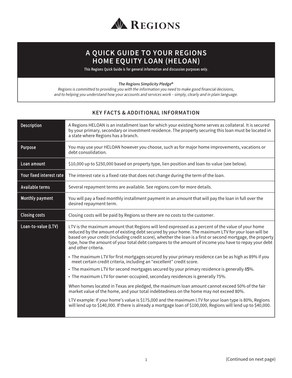 A QUICK GUIDE to YOUR REGIONS HOME EQUITY LOAN (HELOAN) This Regions Quick Guide Is for General Information and Discussion Purposes Only