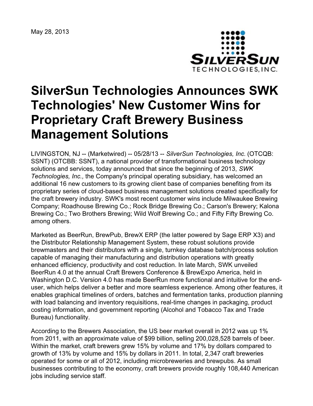 Silversun Technologies Announces SWK Technologies' New Customer Wins for Proprietary Craft Brewery Business Management Solutions