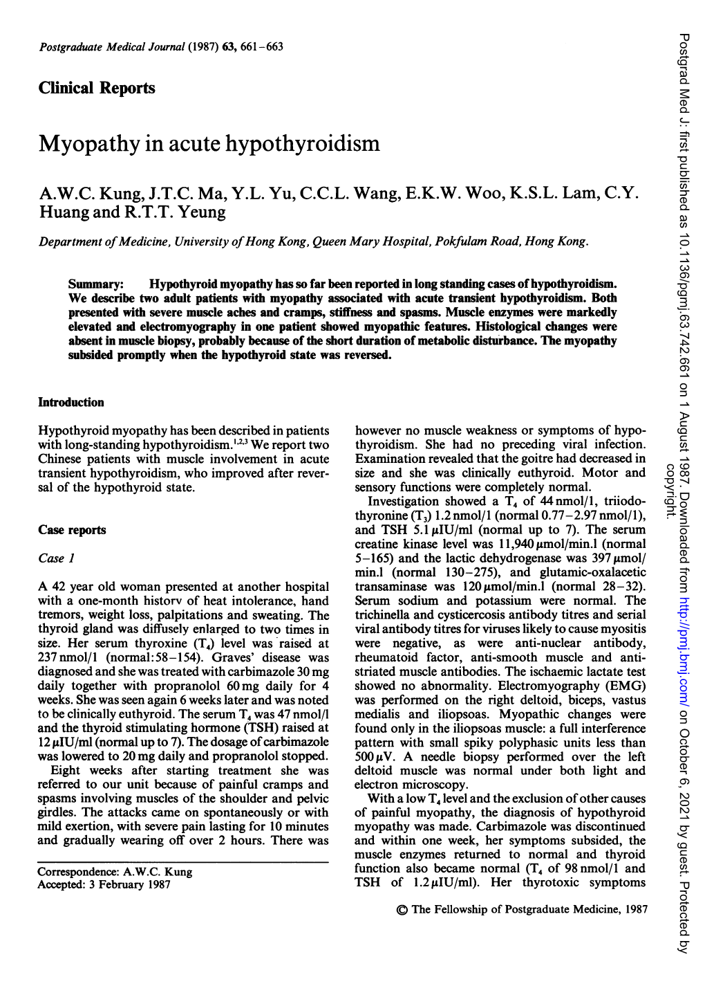 Myopathy in Acute Hypothyroidism