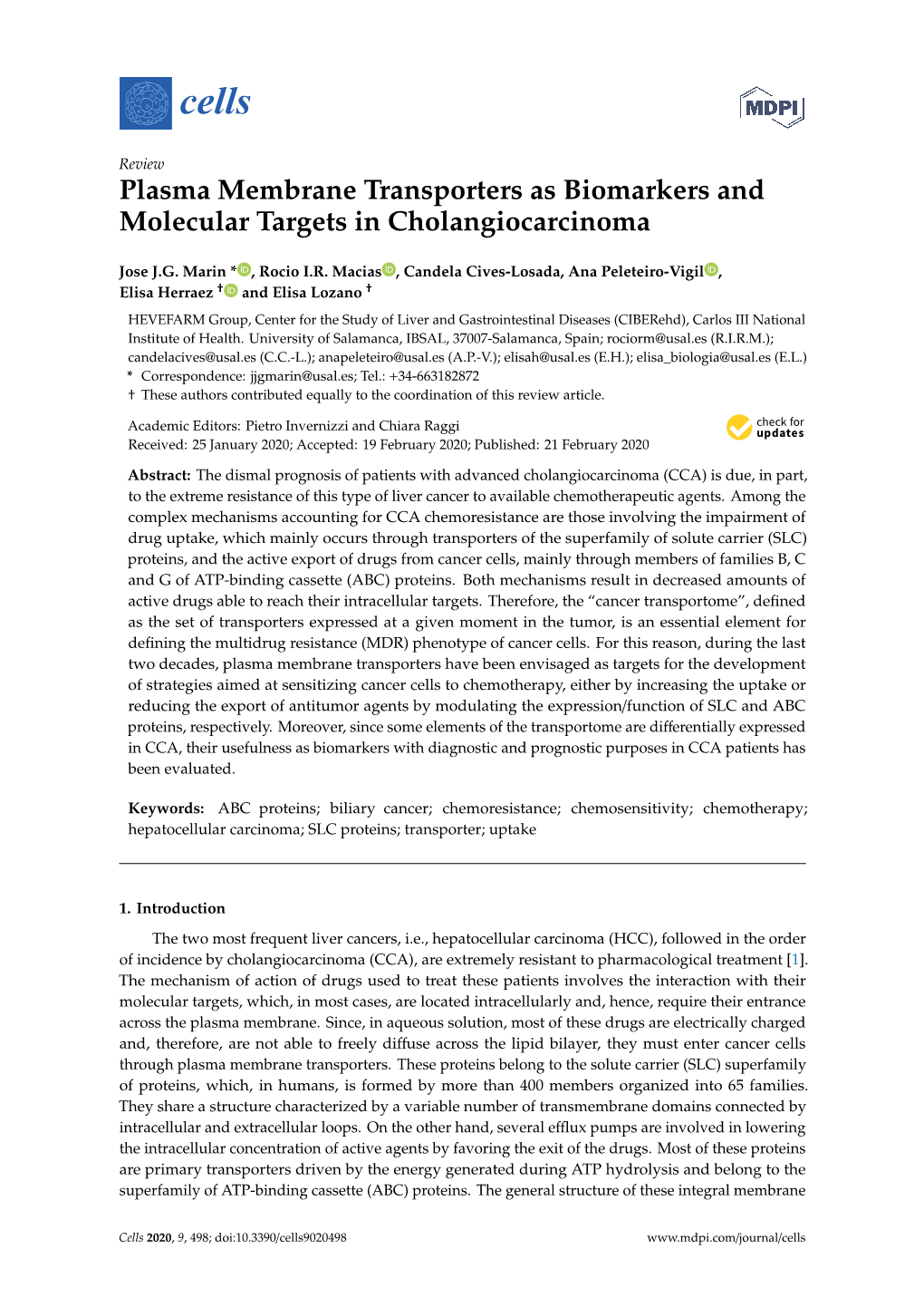 Plasma Membrane Transporters As Biomarkers and Molecular Targets in Cholangiocarcinoma