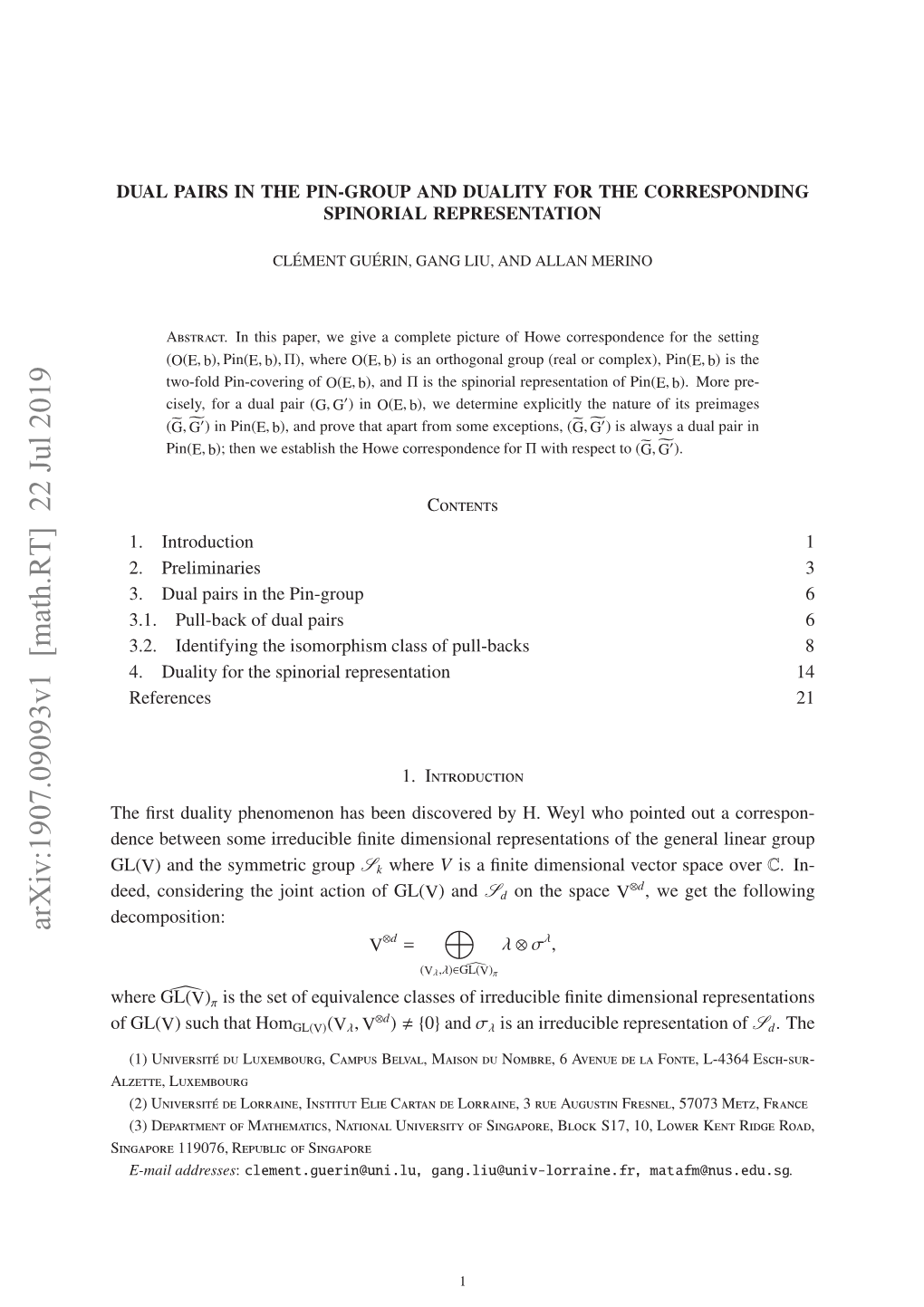 Dual Pairs in the Pin-Group and Duality for the Corresponding Spinorial