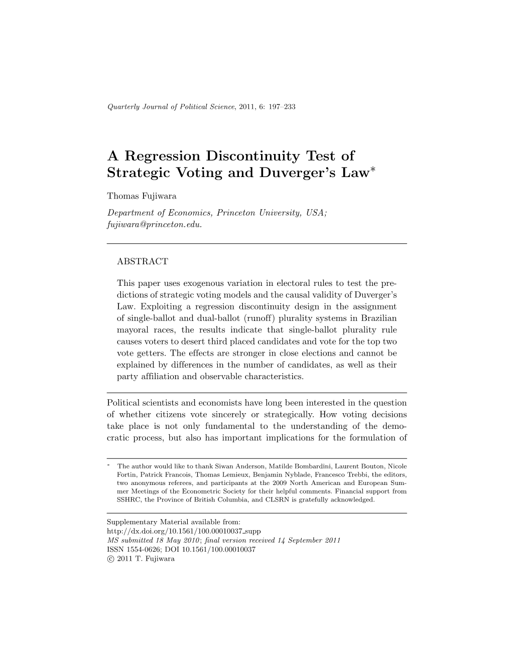 A Regression Discontinuity Test of Strategic Voting and Duverger's