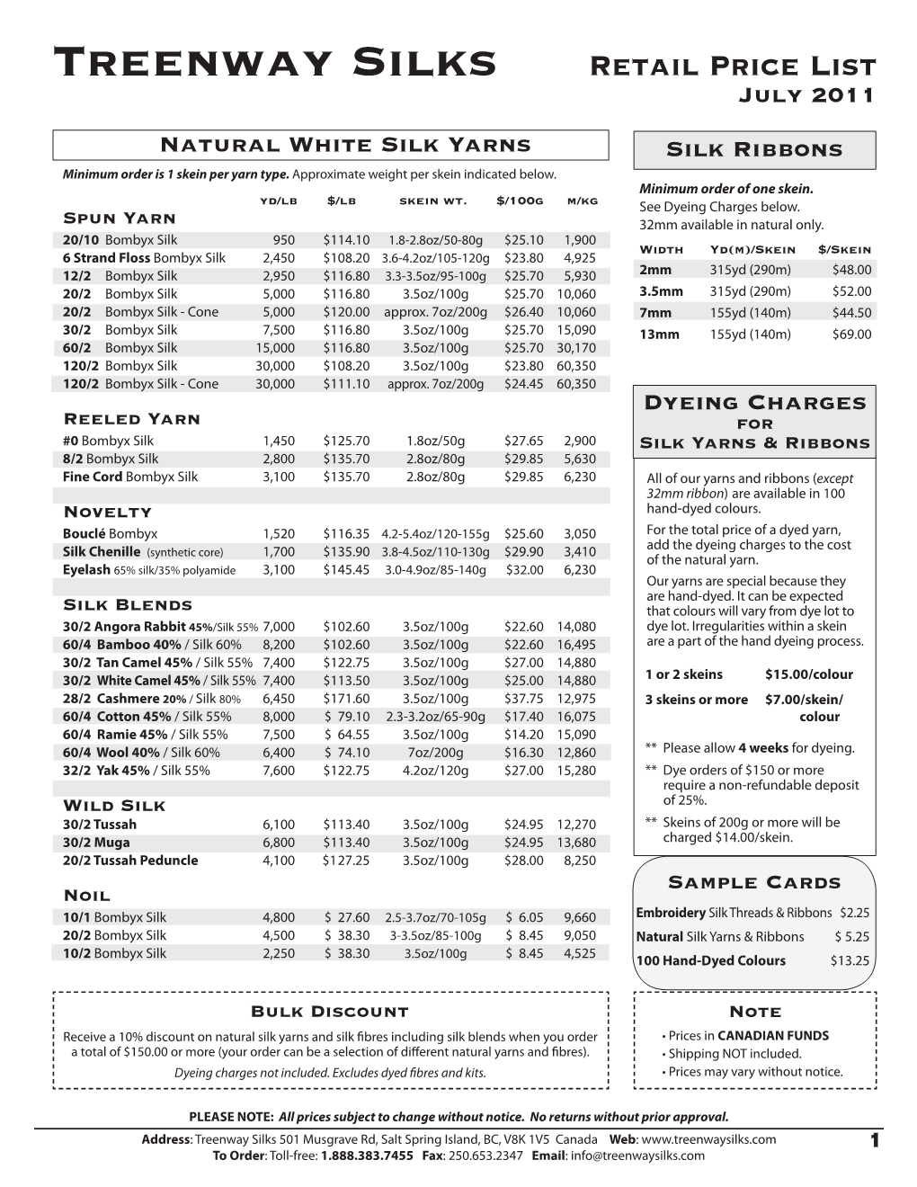 Retail Price List July 2011