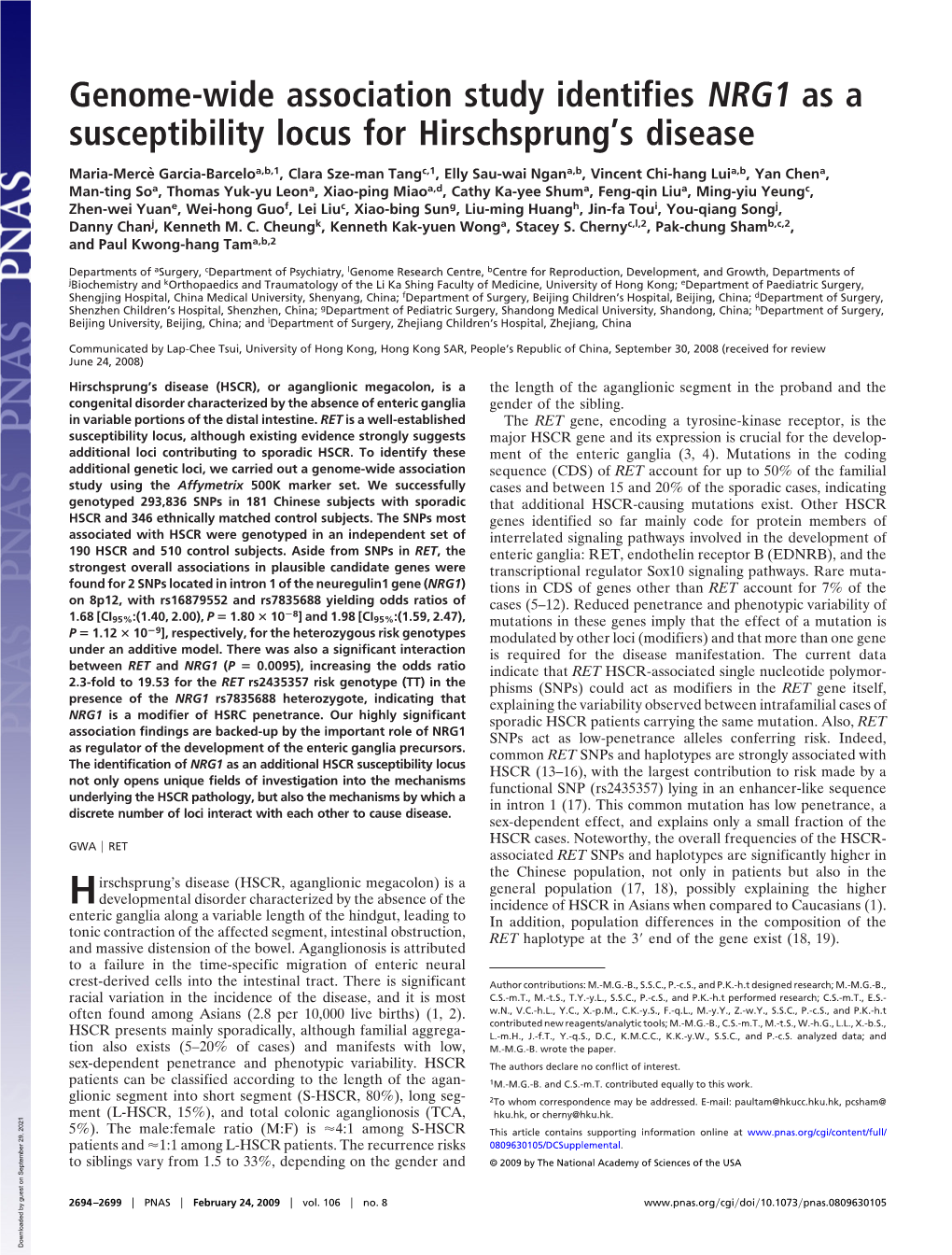 Genome-Wide Association Study Identifies NRG1 As a Susceptibility Locus for Hirschsprung’S Disease