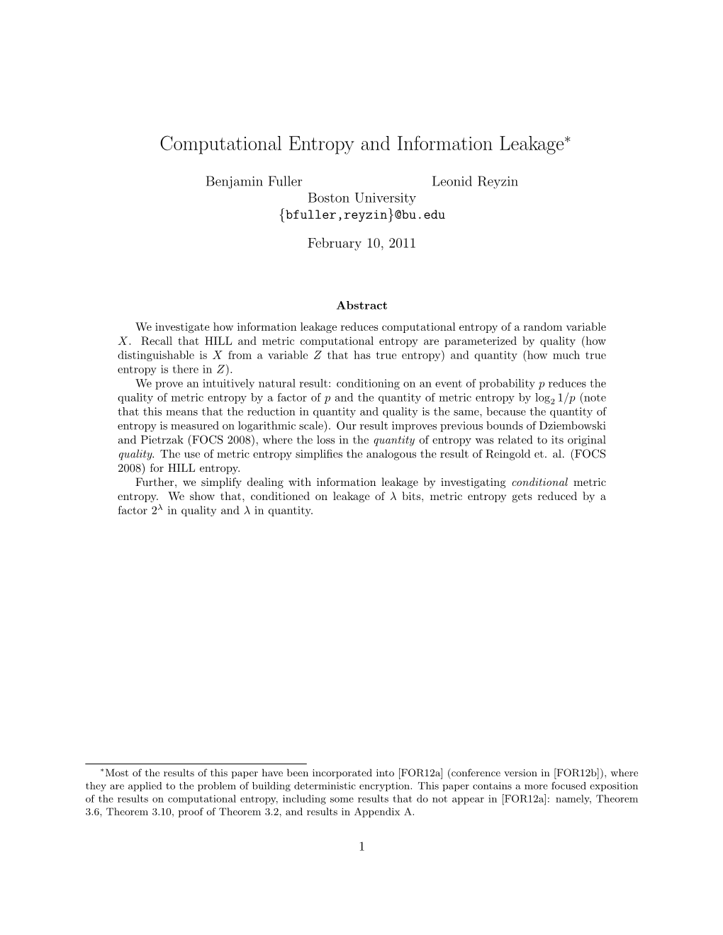 Computational Entropy and Information Leakage∗