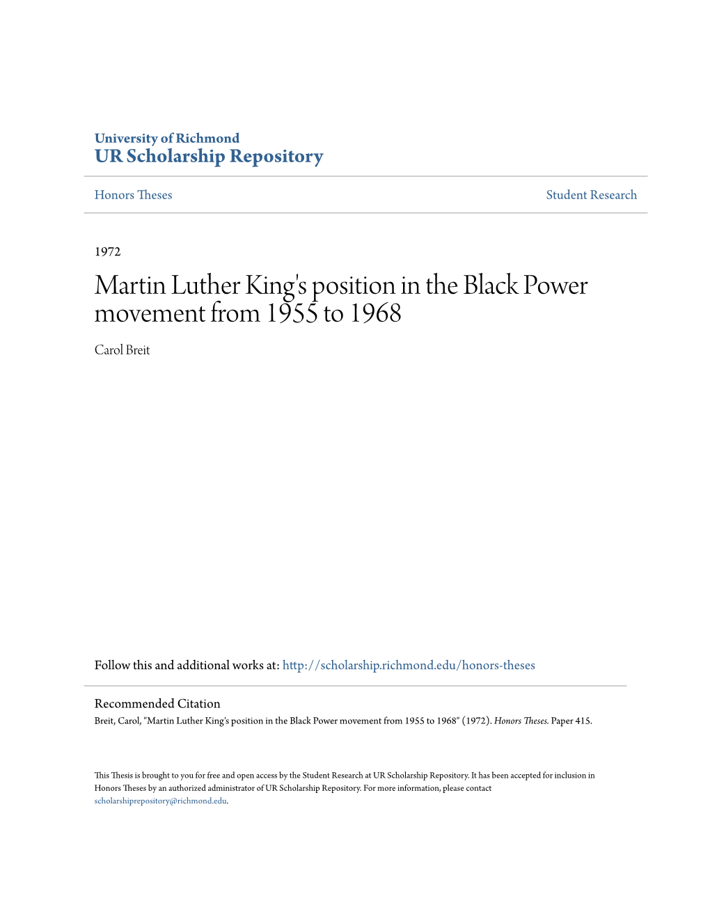 Martin Luther King's Position in the Black Power Movement from 1955 to 1968 Carol Breit