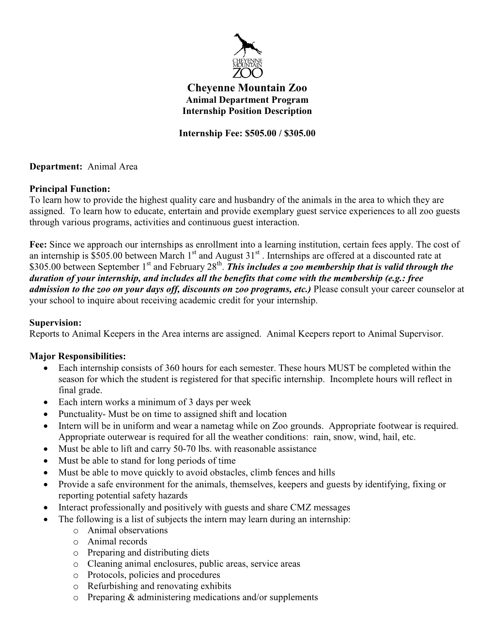 Cmzoo Internship Application Packet