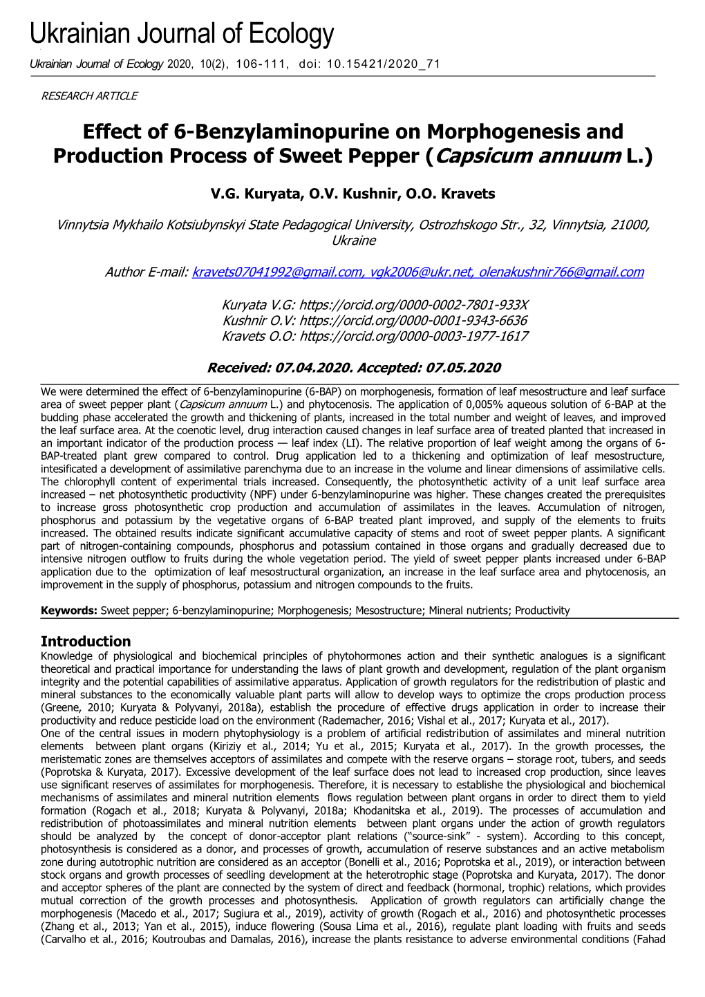 Effect of 6-Benzylaminopurine on Morphogenesis and Production Process of Sweet Pepper (Capsicum Annuum L.)