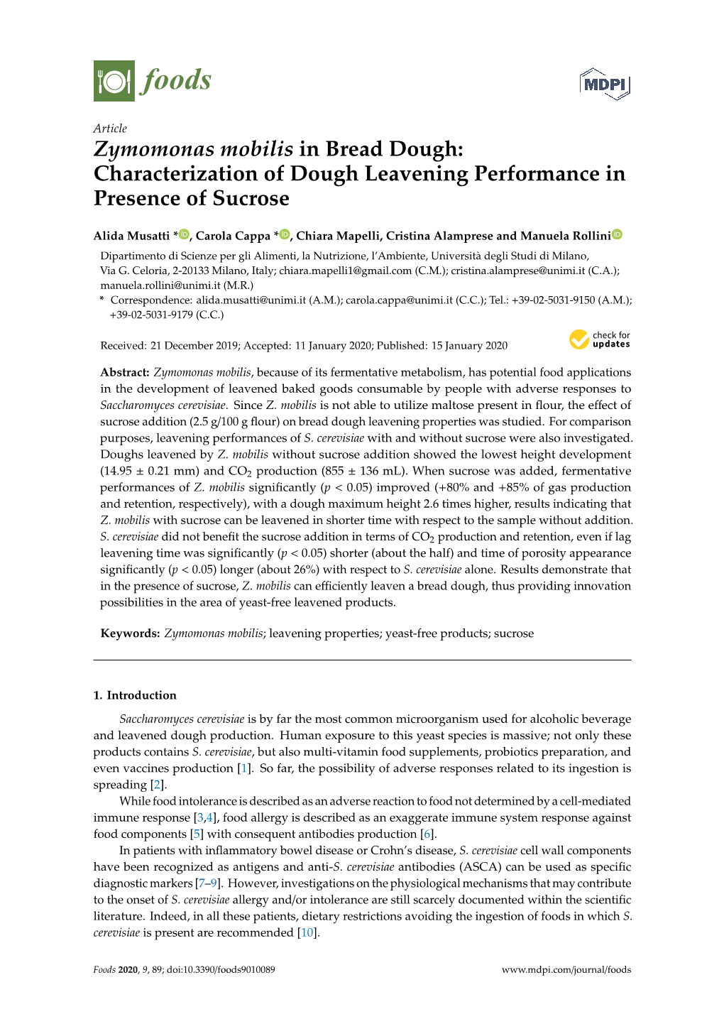 Zymomonas Mobilis in Bread Dough: Characterization of Dough Leavening Performance in Presence of Sucrose