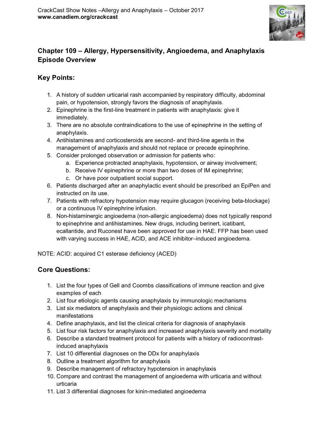 Allergy, Hypersensitivity, Angioedema, and Anaphylaxis Episode Overview