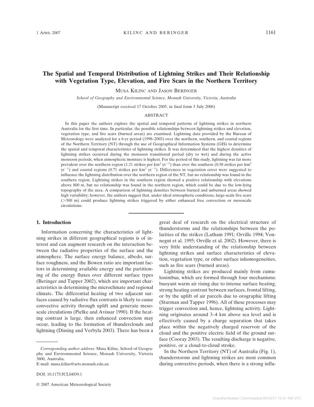 The Spatial and Temporal Distribution of Lightning Strikes and Their Relationship with Vegetation Type, Elevation, and Fire Scars in the Northern Territory