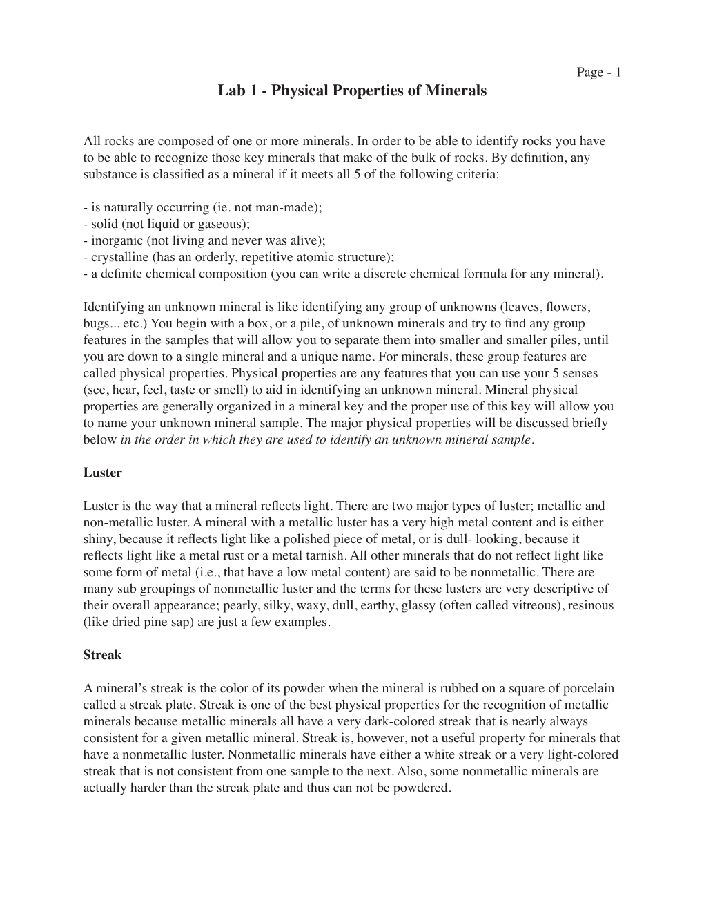 Lab 1 - Physical Properties of Minerals