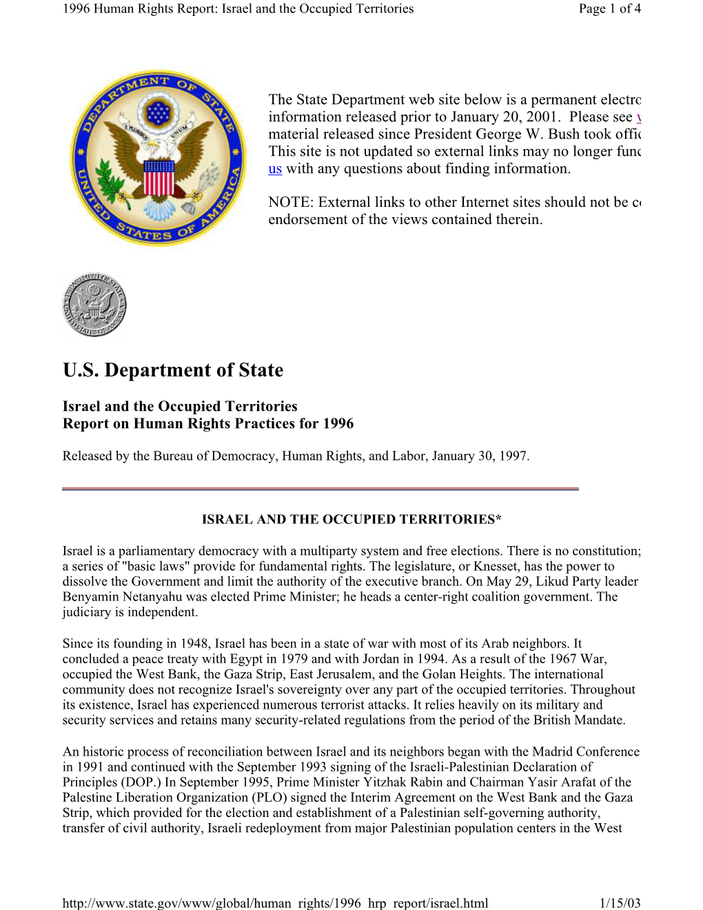 1996 Human Rights Report: Israel and the Occupied Territories Page 1 of 4