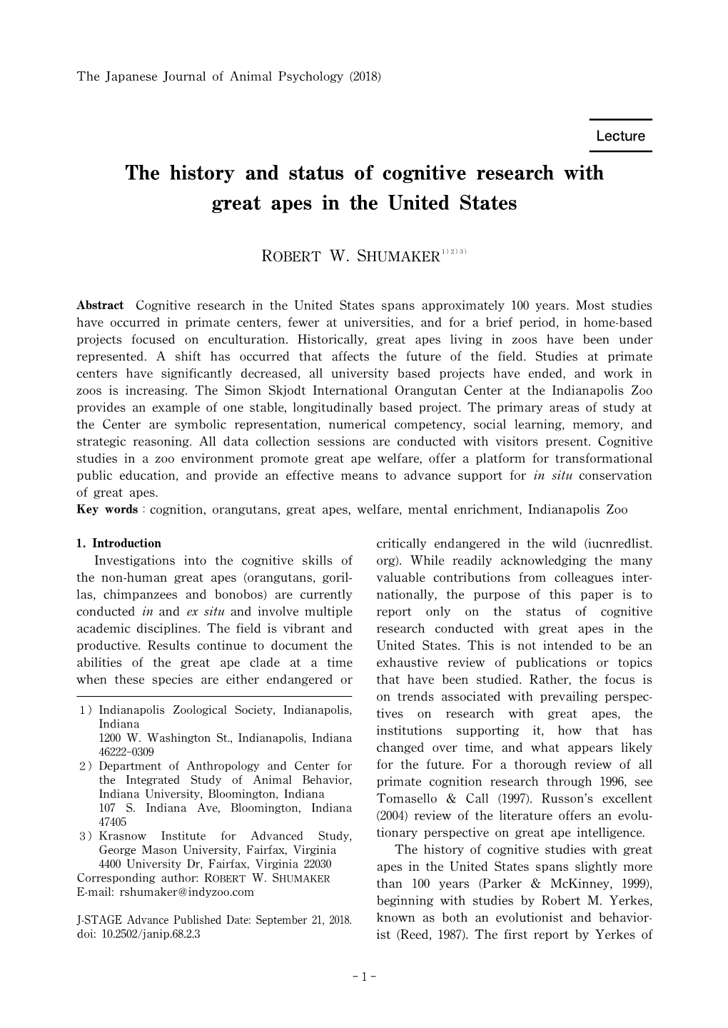 The History and Status of Cognitive Research with Great Apes in the United States