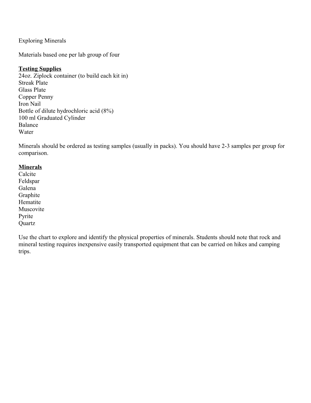 Materials Based One Per Lab Group of Four