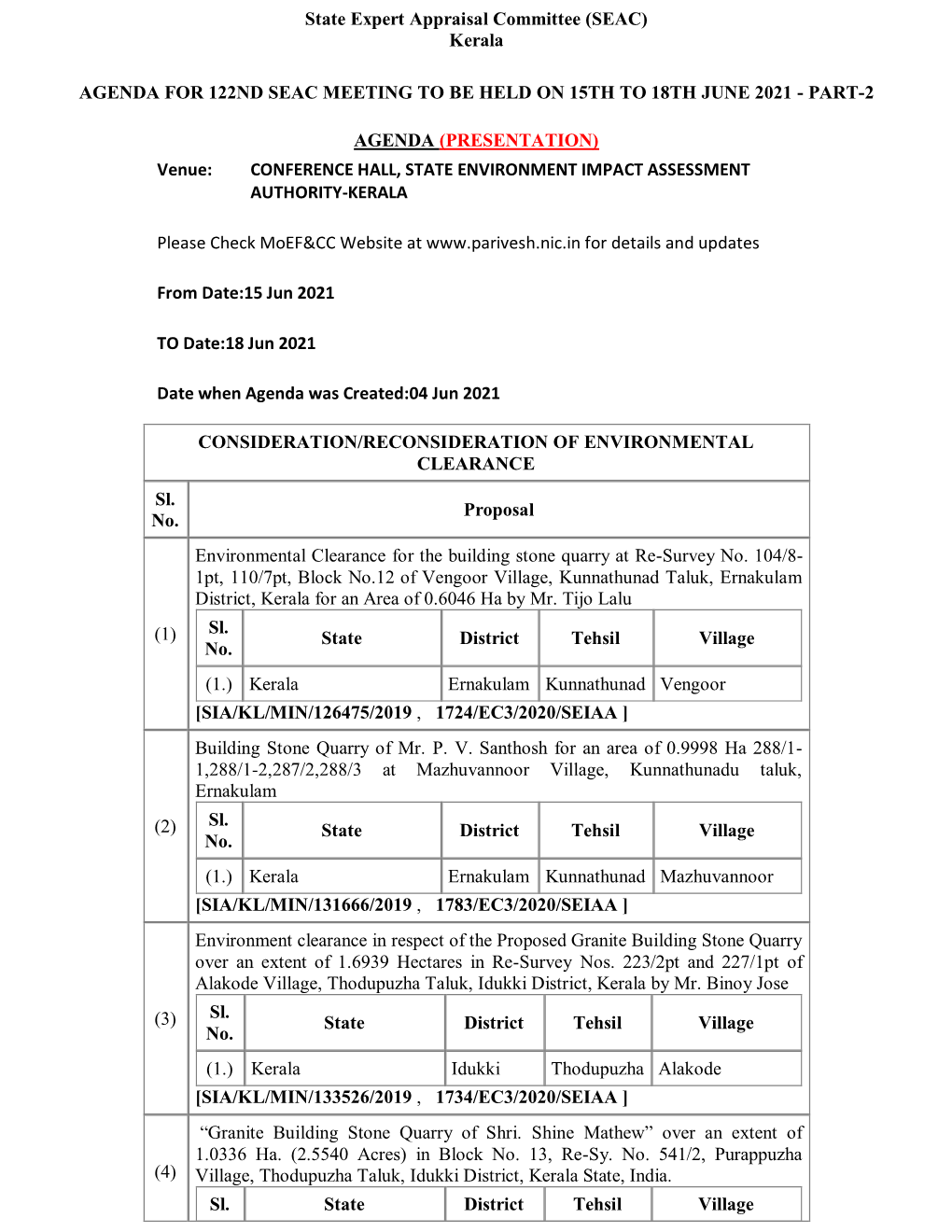 State Expert Appraisal Committee (SEAC) Kerala AGENDA FOR