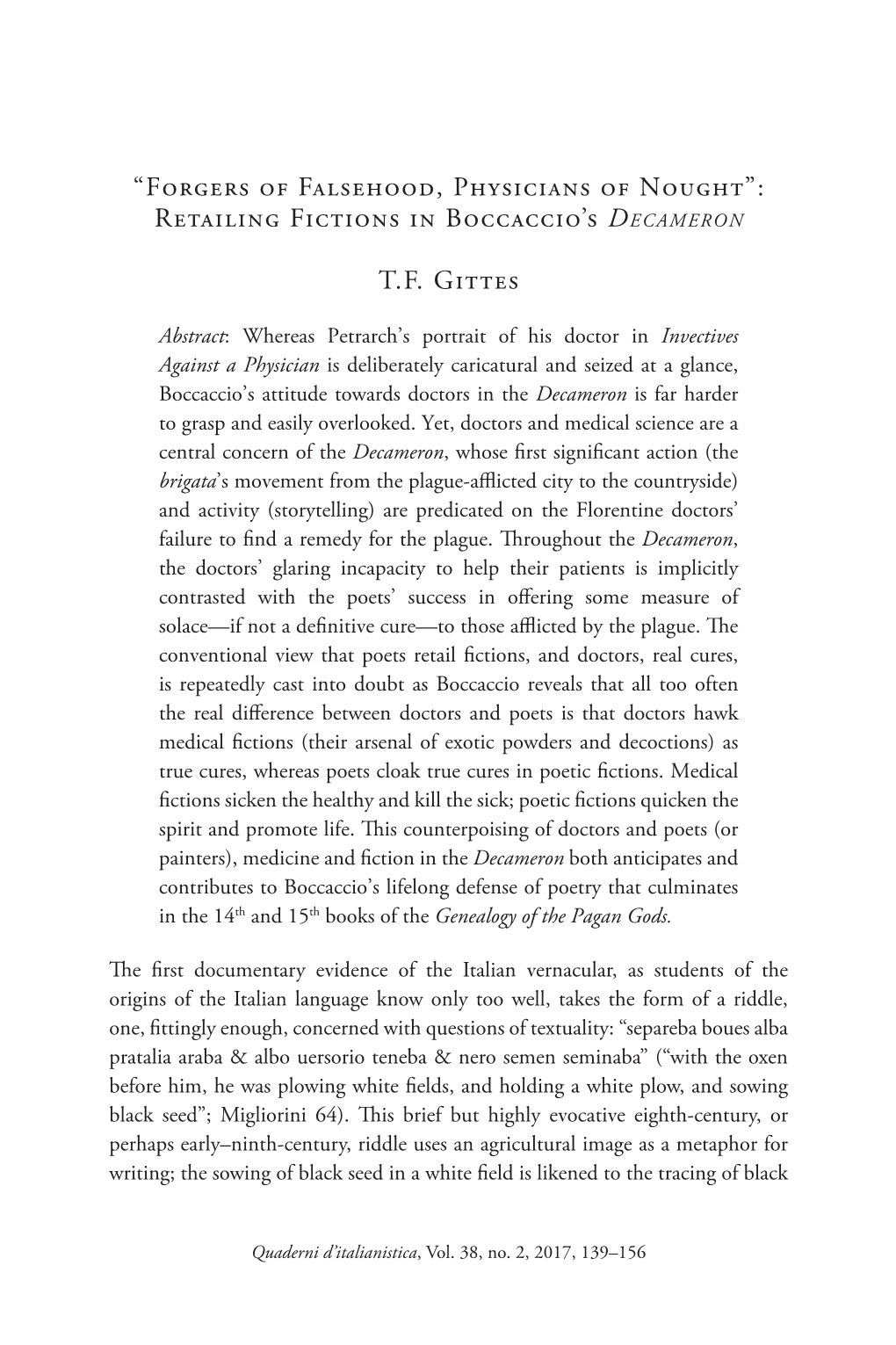 “Forgers of Falsehood, Physicians of Nought”: Retailing Fictions in Boccaccio's Decameron T.F. Gittes