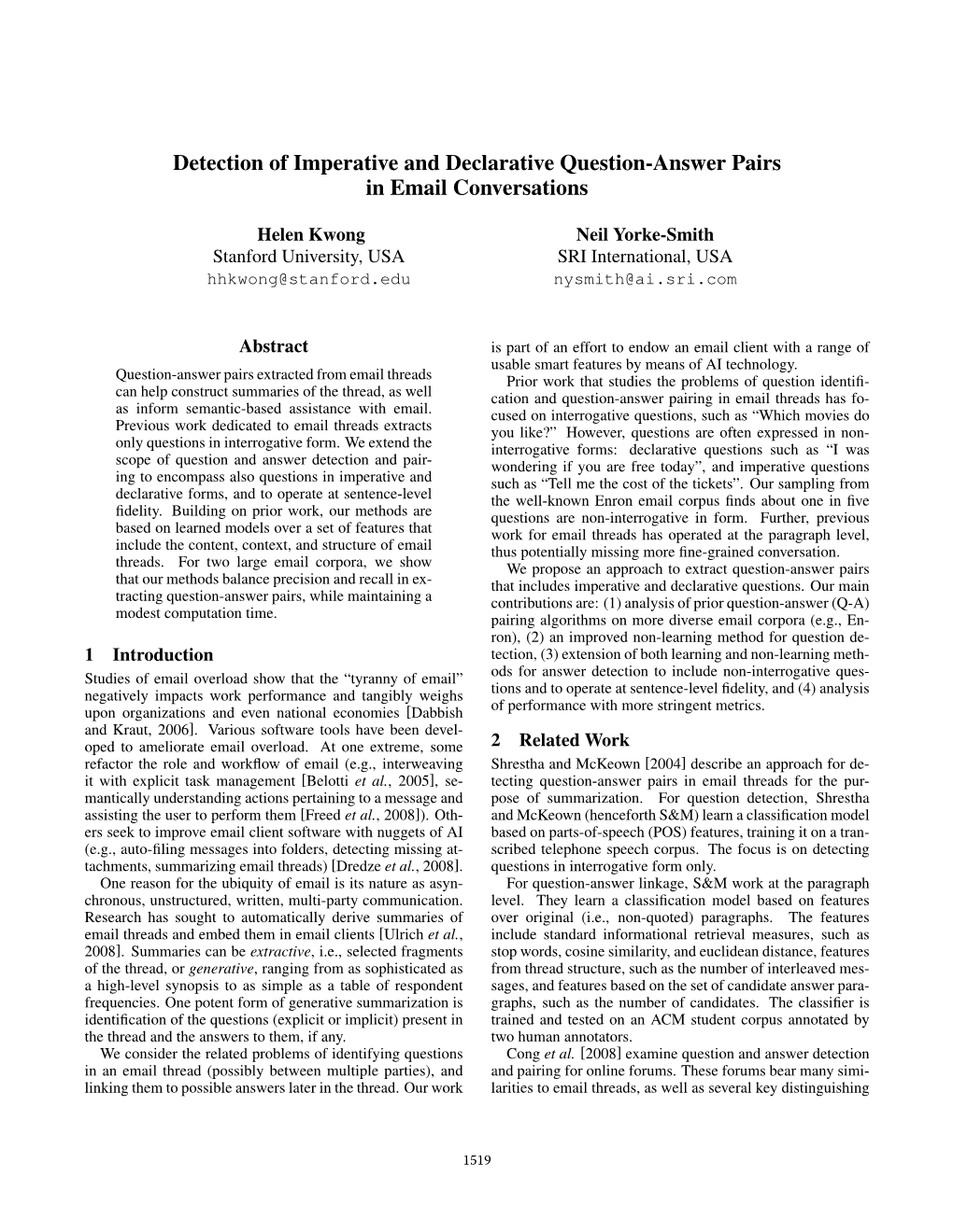 Detection of Imperative and Declarative Question-Answer Pairs in Email Conversations