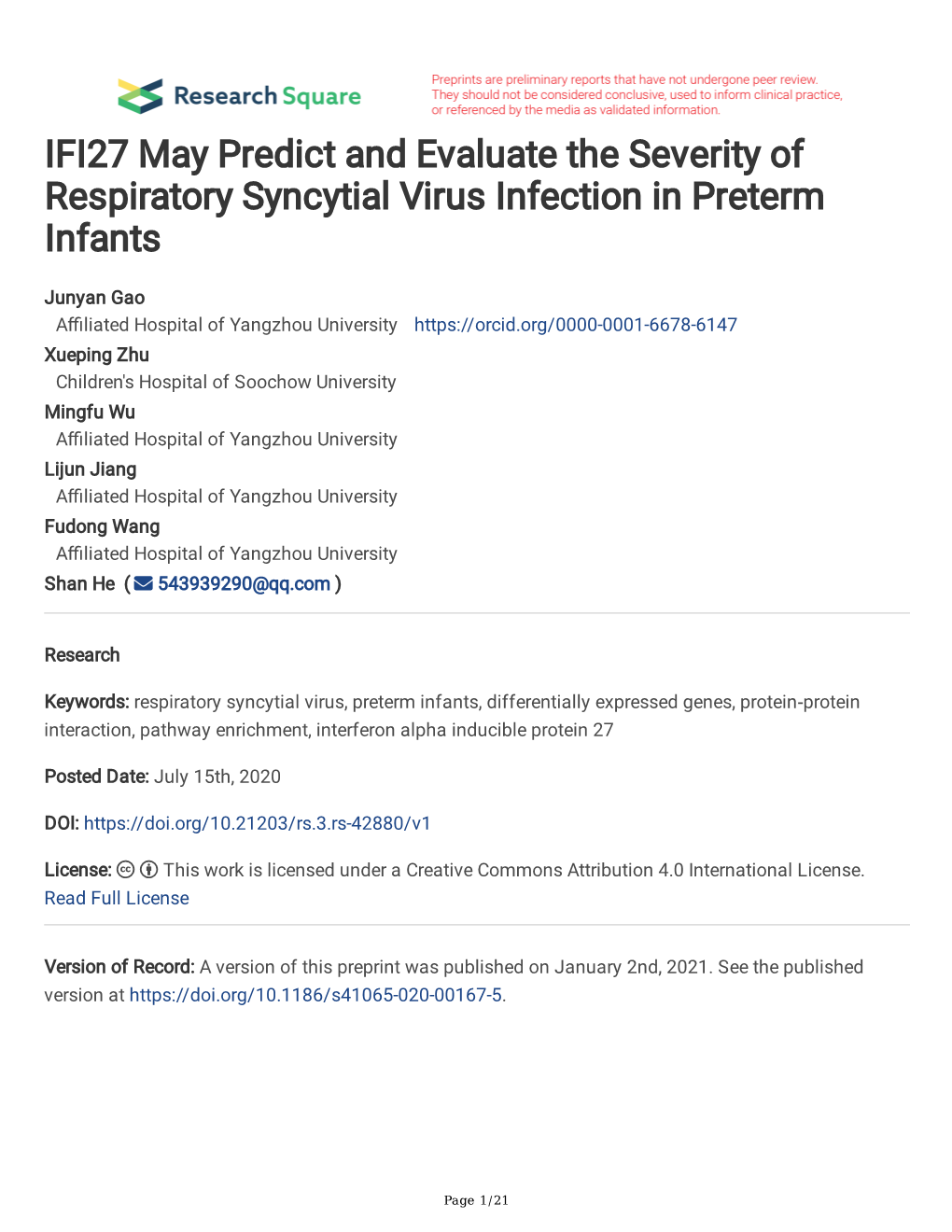 IFI27 May Predict and Evaluate the Severity of Respiratory Syncytial Virus Infection in Preterm Infants