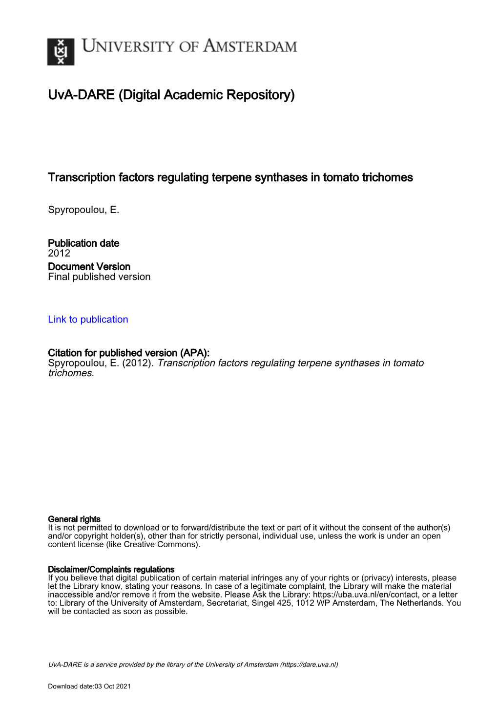 Transcription Factors Regulating Terpene Synthases in Tomato Trichomes