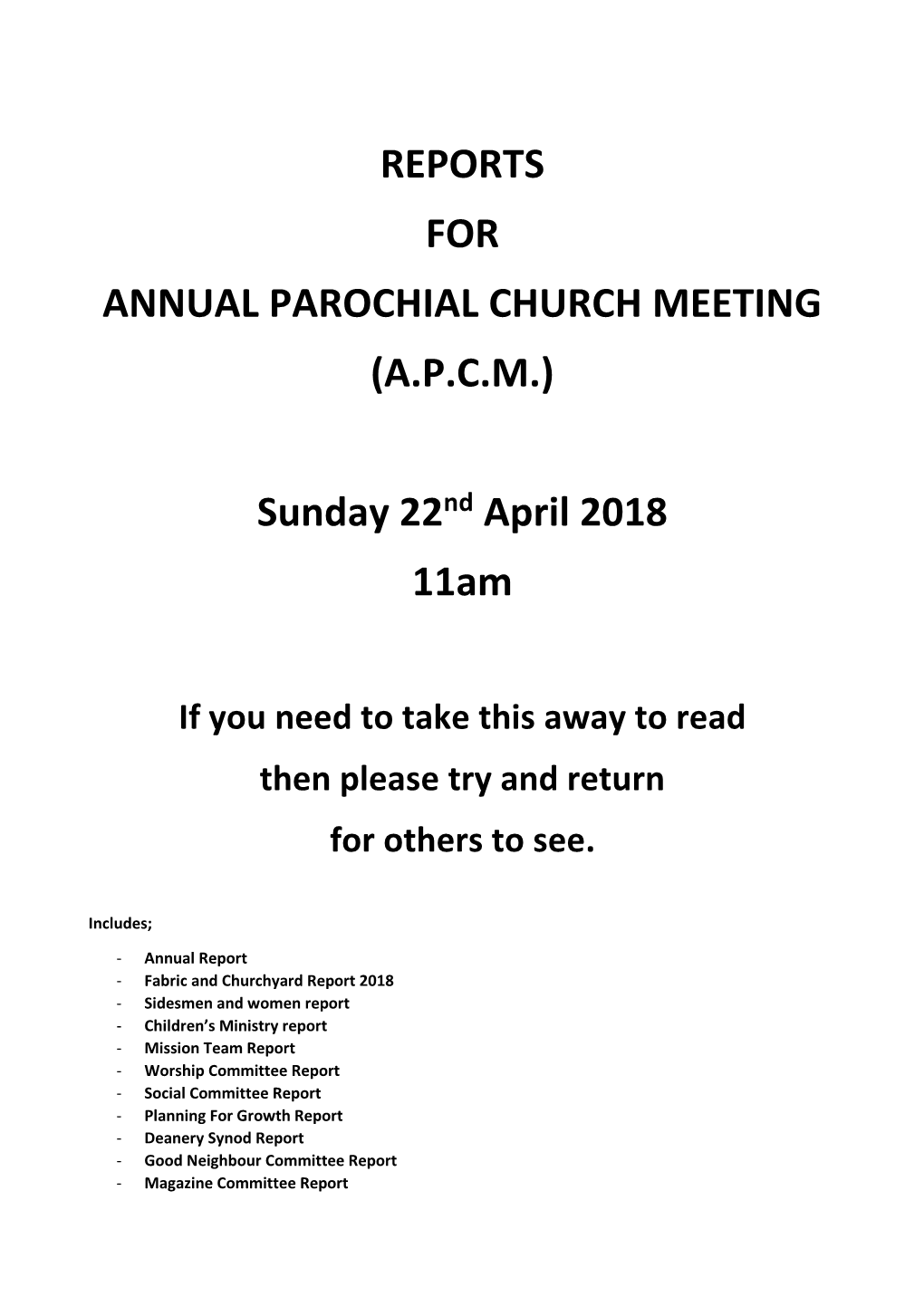 Reports for Annual Parochial Church Meeting (A.P.C.M.)