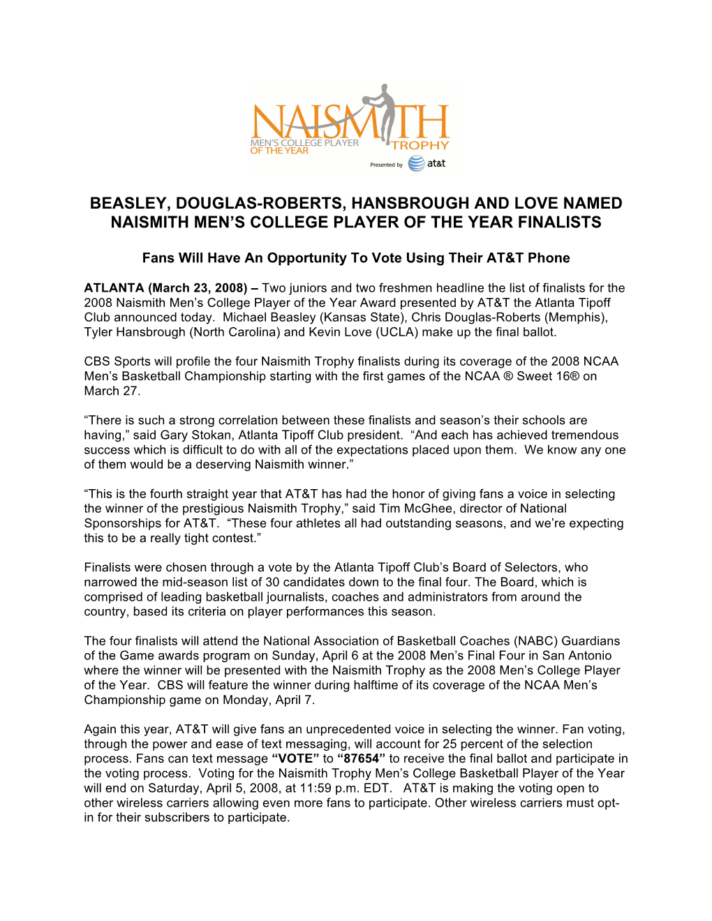 Beasley, Douglas-Roberts, Hansbrough and Love Named Naismith Men's