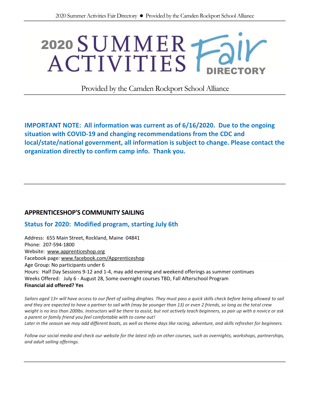 Download 2020 Summer Activities Directory.Pdf